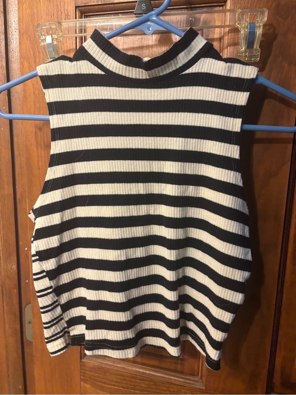 Topshop Black and White Striped Sleeveless Mock Neck Tank